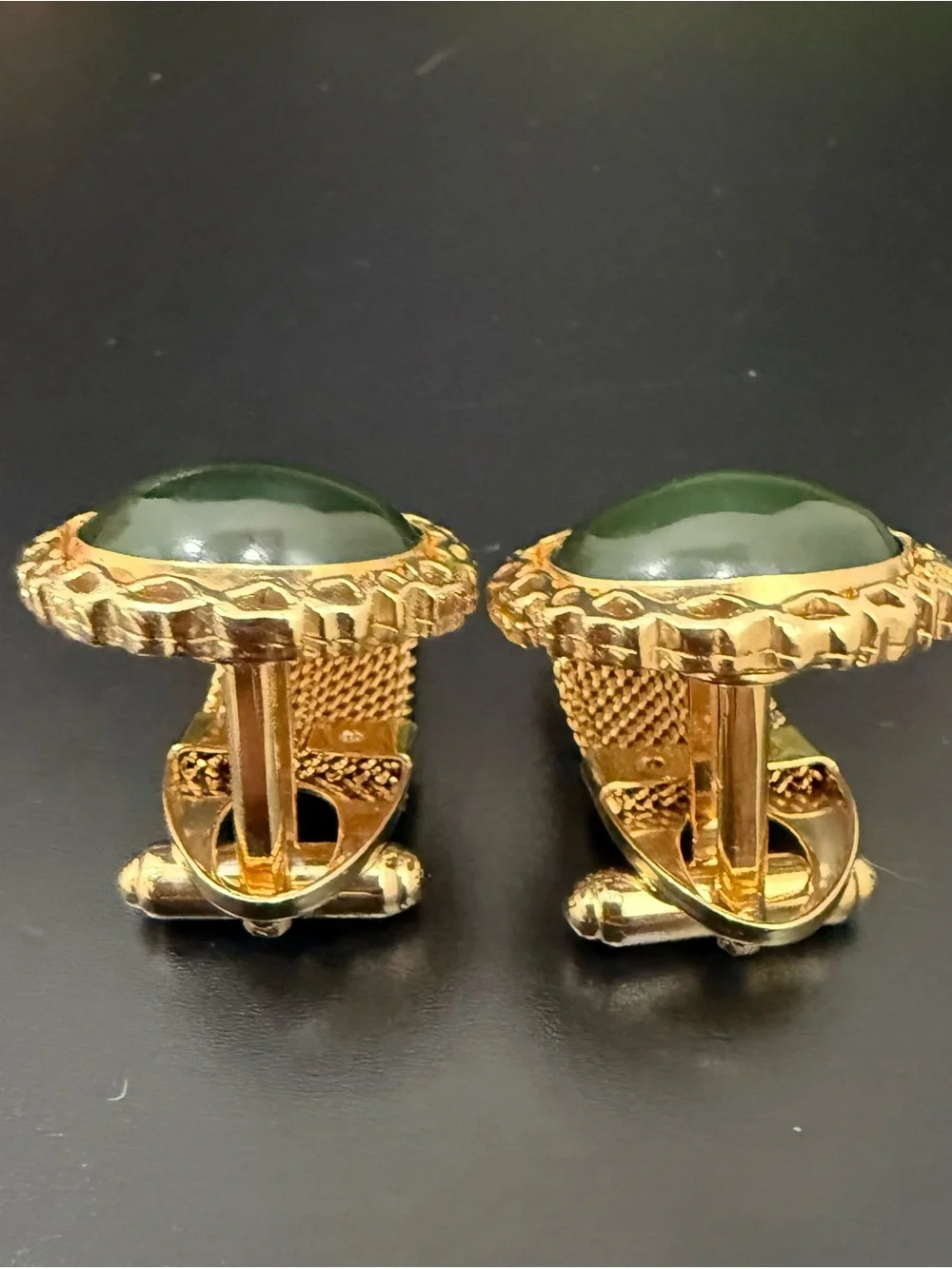 Vintage ANSON Gold-tone Faux Jade Green Stone Cabochon Mesh Cufflinks